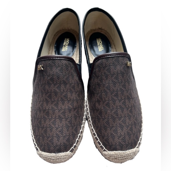 MICHAEL KORS HASTINGS MK PRINT GOLD PLATFORM ESPADRILLES Black Brown Size 9 - Picture 7 of 15